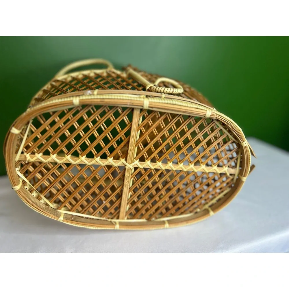 Vintage Wicker Doll Bassinet Miniature Rattan Cradle Hooded Basket Boho Decor